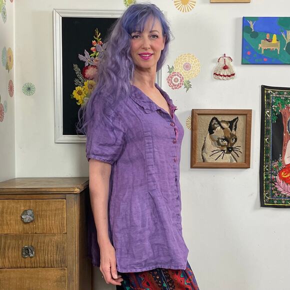 Flax (Jeanne Engelhart) Purple Linen Blouse, Swingy Short Sleeve Lavender Top L - Picture 2 of 10